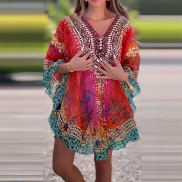 Damen nan kurzes Tunika-Kaftan mit verziertem V-Ausschnitt und floral-animalischer Bordüre Drune