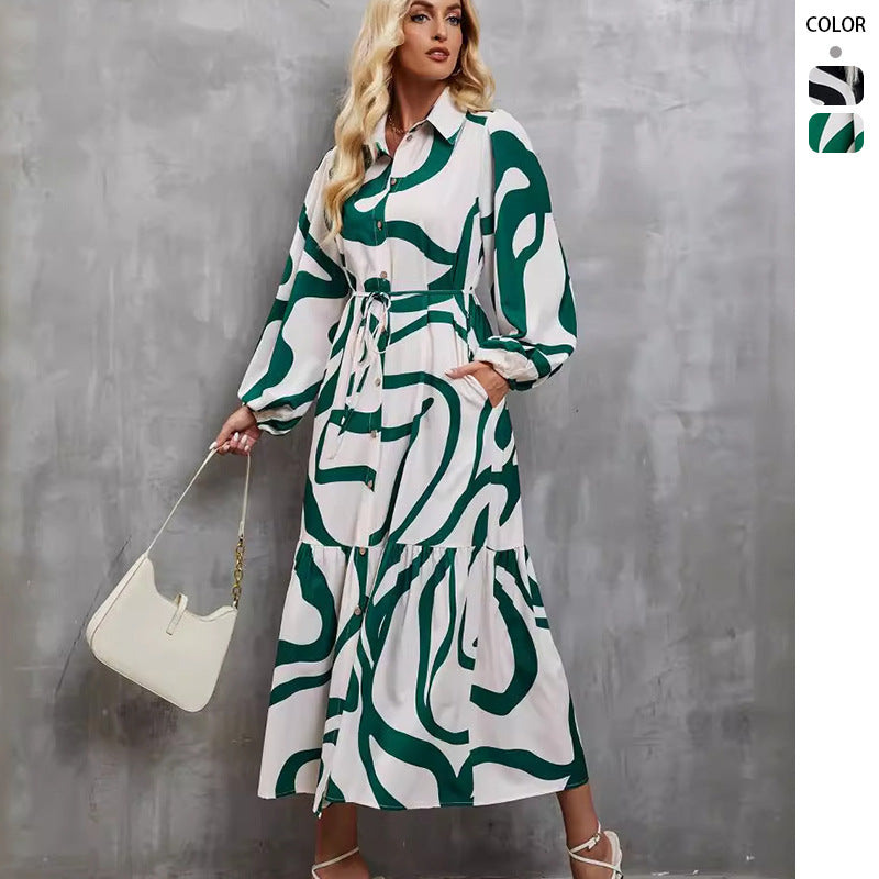 Damen nan gemustertes Hemdblusenkleid mit Taillenkordel, durchgehender Knopfleiste und seitlichem Schlitz Drune