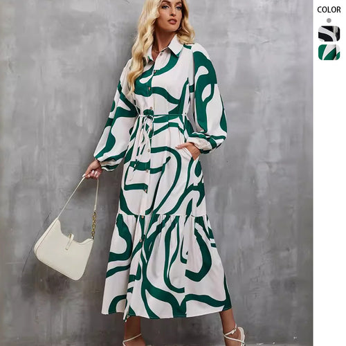 Damen nan gemustertes Hemdblusenkleid mit Taillenkordel, durchgehender Knopfleiste und seitlichem Schlitz Drune