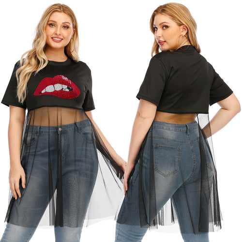 Damen modisches Crop-Top mit transparentem Überwurf und Glitzerbesatz Drune
