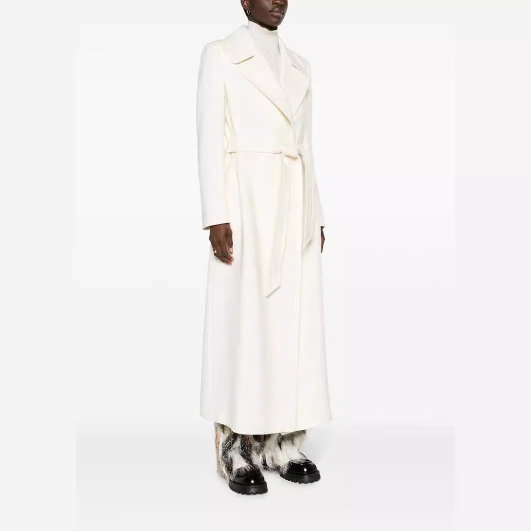 Damen Maxilanger taillierter Wollmix-Mantel mit Bindegürtel und weitem Revers Drune