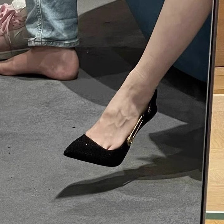 Damen Slingback‑Pumps mit spitzer Zehenform, sculpted Metall‑Ferse und Schmuckdetail Drune