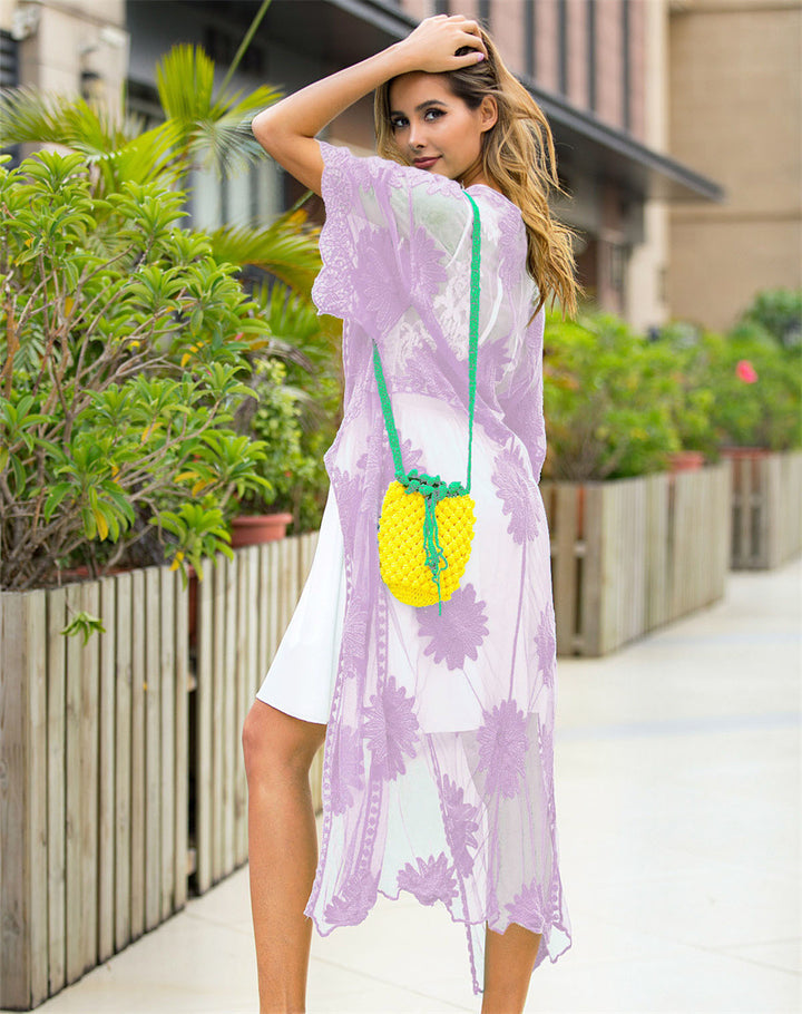 Damen elegante Häkel-Strandrobe mit floralen Details und tiefem V-Ausschnitt Drune