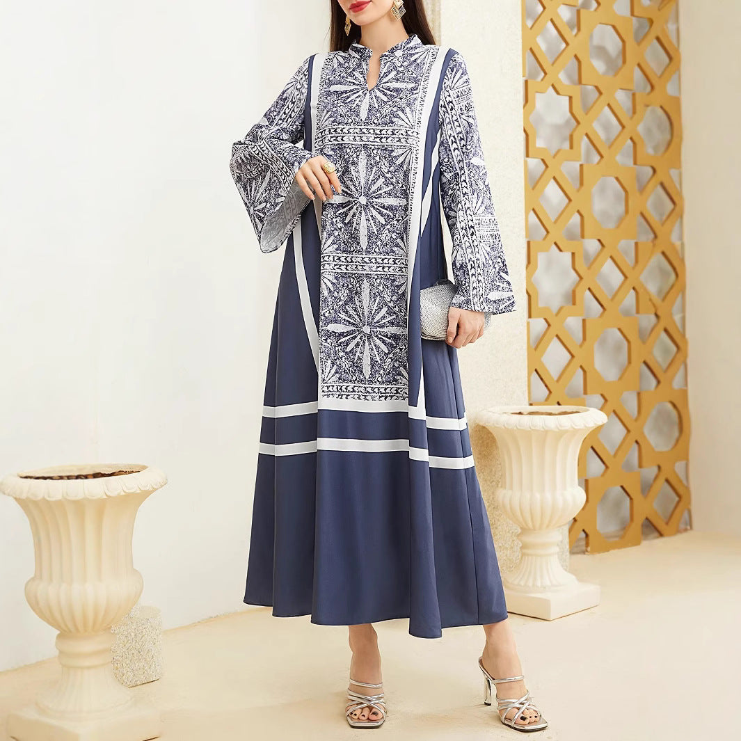 Damen Maxikleid mit elegantem Stehkragen und ausgestellten Ärmeln Drune