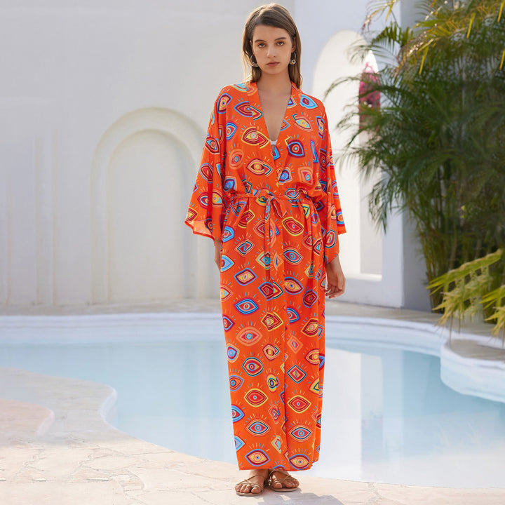 Damen Langer Kaftan‑Kimono mit Taillengürtel, V‑Ausschnitt & grafischem Augenprint Drune