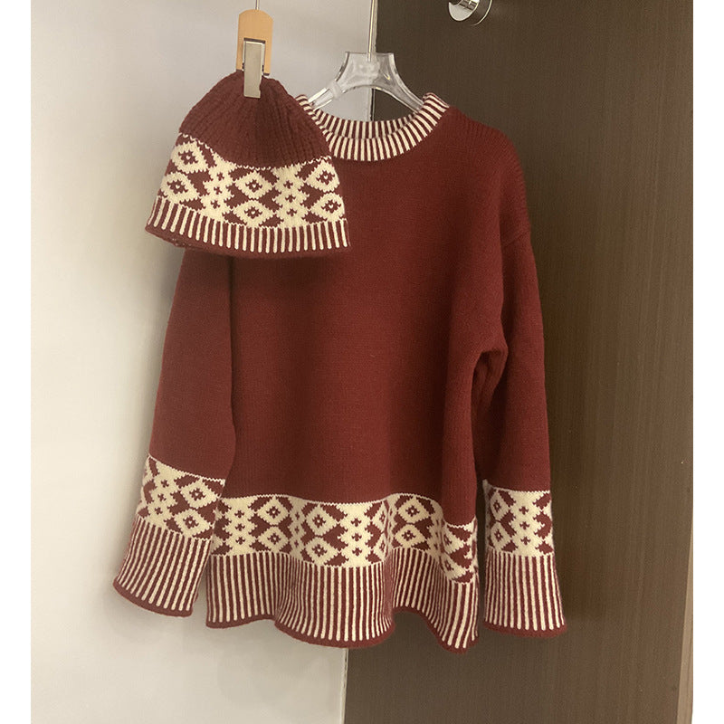 Damen modischer Strickpullover mit geometrischem Muster und Rundkragen Drune