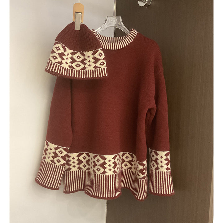Damen modischer Strickpullover mit geometrischem Muster und Rundkragen Drune