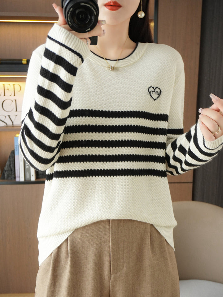Damen Oversize-Strickpullover mit Wabenstruktur, kontrastierenden Streifen und dezentem Herzlogo Drune