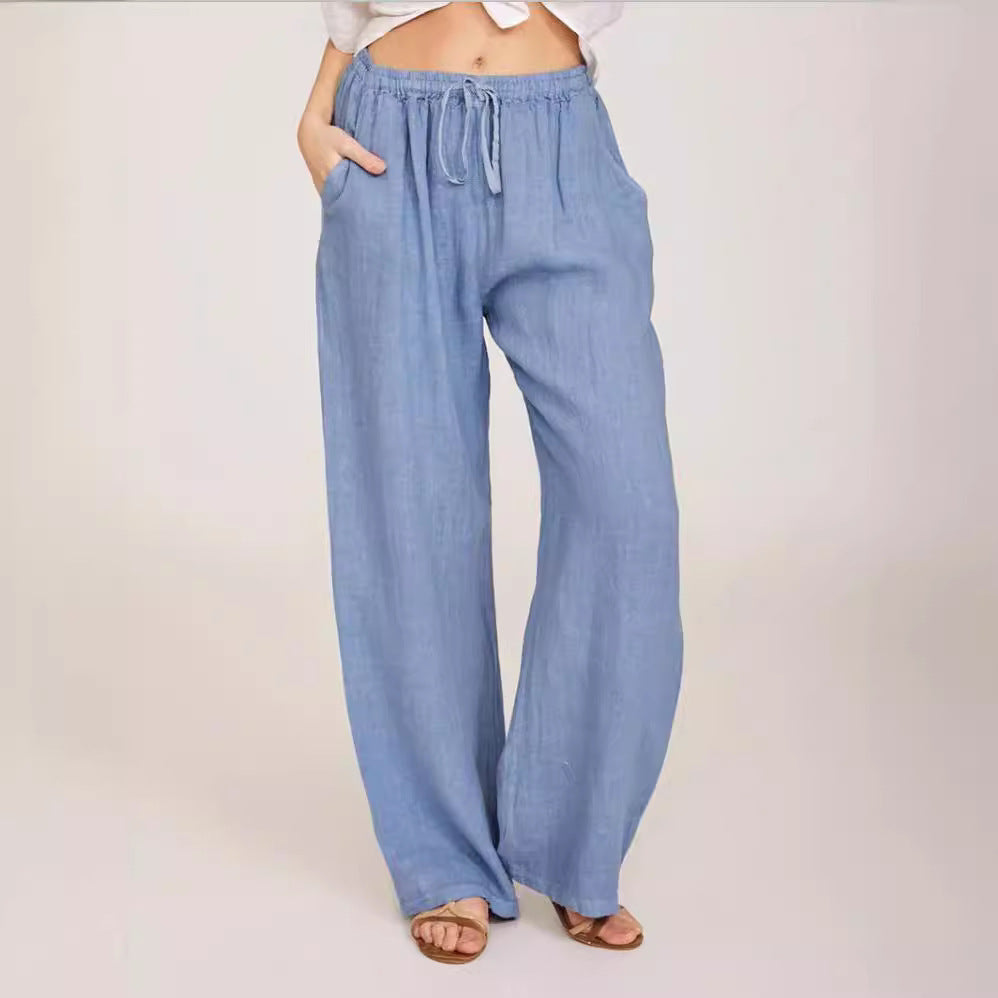 Damen luftige Palazzo-Hose mit Tunnelzugbund, elastischem Taillenabschluss und seitlichen Eingrifftaschen Drune