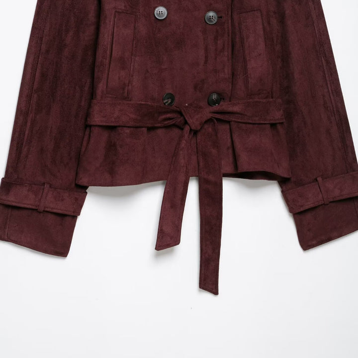 Damen Kurze Trenchjacke aus Veloursoptik mit hohem Stehkragen und Bindegürtel Drune