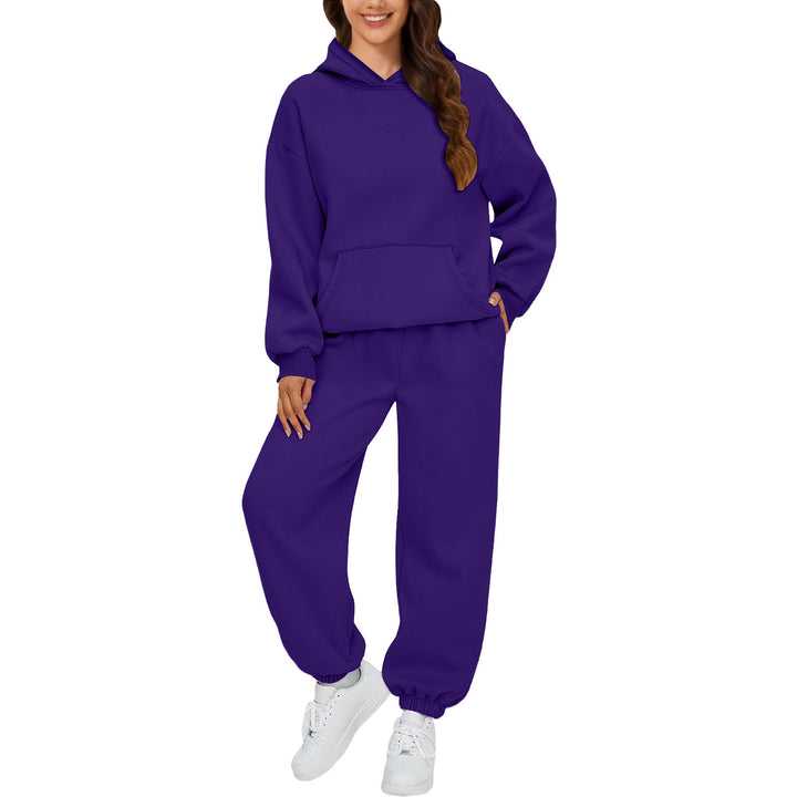 Damen nan gemütliches French-Terry Loungewear-Set mit doppellagiger Kapuze, Kängurutasche und elastischem Knöchel-Jogger Drune