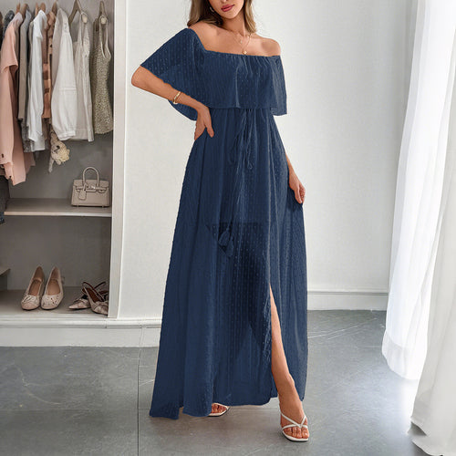 Damen Off-Shoulder Maxikleid mit feinem Punktedesign und Taillenbindung Drune