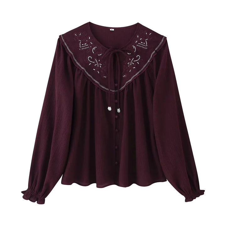 Damen nan bestickte Bluse mit übergroßem Kragen, Bindeschleife und geknöpfter Front Drune