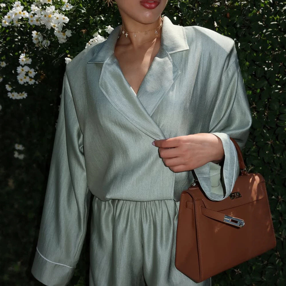 Damen Satin-Zweiteiler mit Wickelbluse, weiten Hosen und elastischem Bund Drune