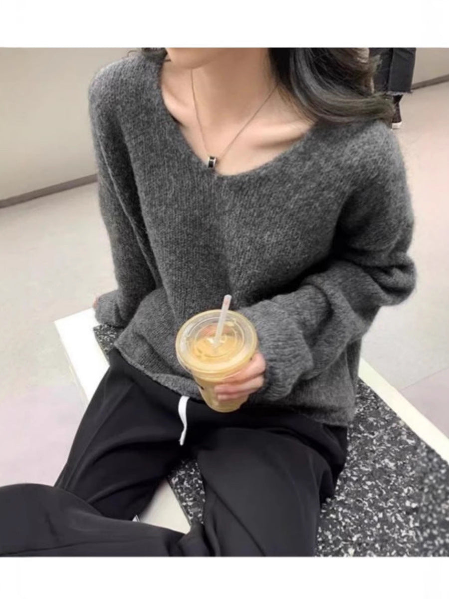 Damen Oversize V‑Ausschnitt Mohair‑Look Pullover mit Angora‑Optik und überschnittener Schulter Drune