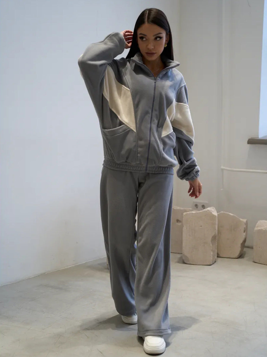 Damen oversized Reißverschluss-Fleecejacke mit Paneel-Details und weiter High-Waist-Loungehose Drune