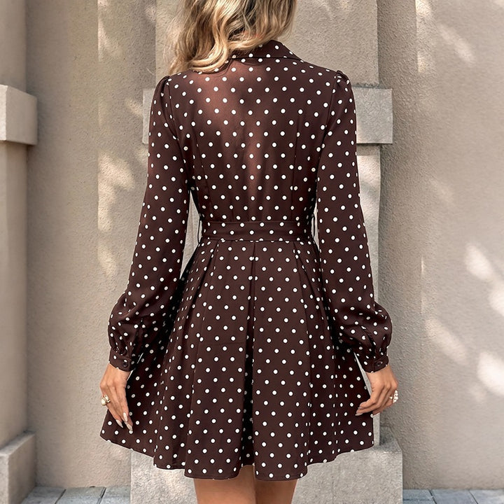 Damen Gepunktetes Hemdblusenkleid mit Taillengürtel und schwingender A-Linie Drune
