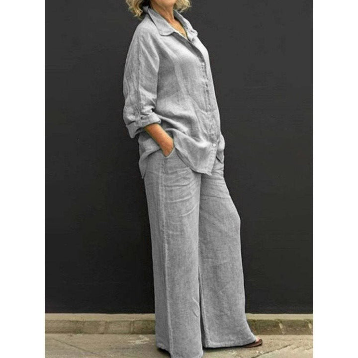 Damen Leichtes Leinen-Loungewear-Set mit Oversized-Hemd und weiter Palazzo-Hose Drune
