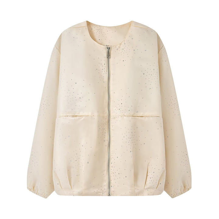Damen Boxy‑Blouson mit Rundhals, Metallreißverschluss und dezentem Glitzerbesatz Drune