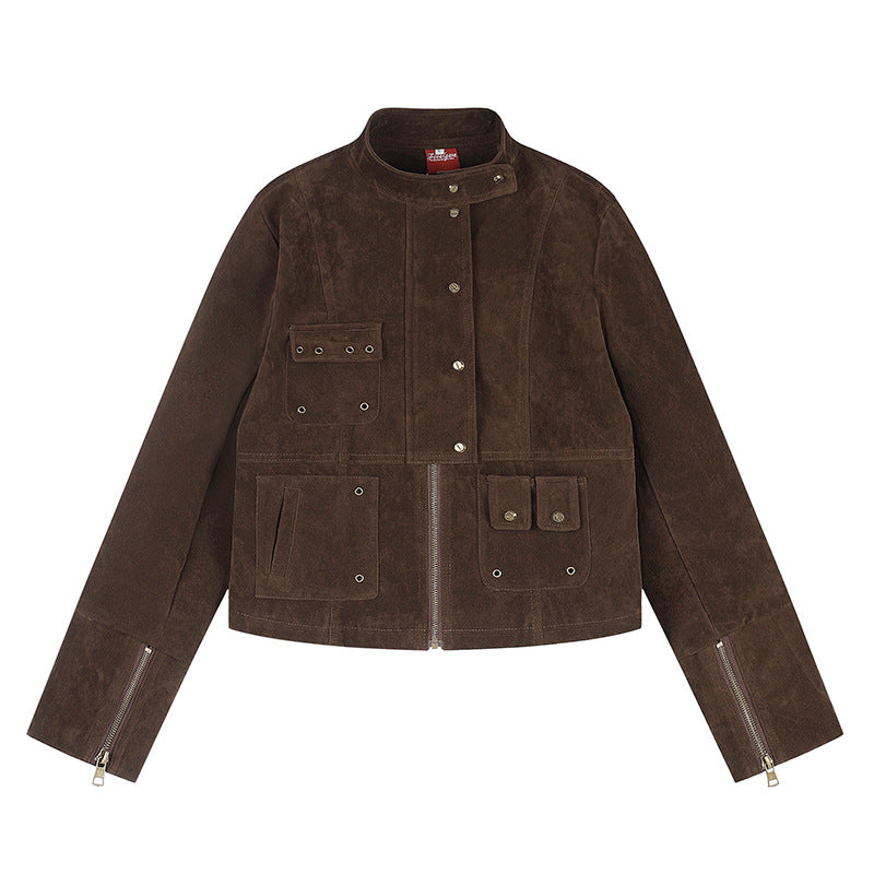 Damen kurze Wildleder-Utilityjacke mit Stehkragen, Mehrfachtaschen und Reißverschluss Drune