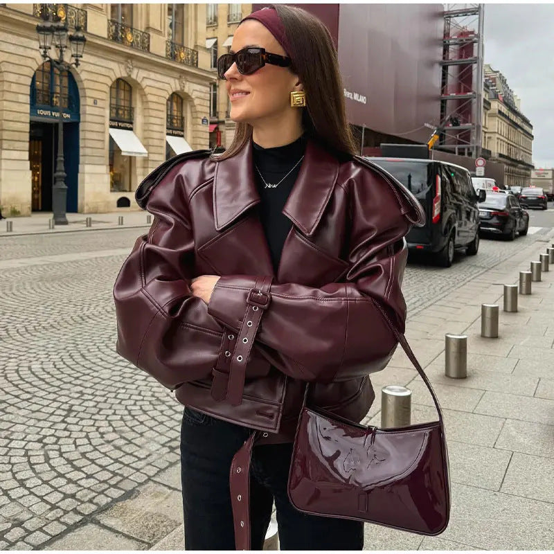 Damen modische Kunstlederjacke mit oversized Schnitt und auffälligen Schulterpartien Drune