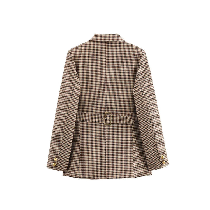 Damen elegante karierte Blazerjacke mit Goldknöpfen Drune