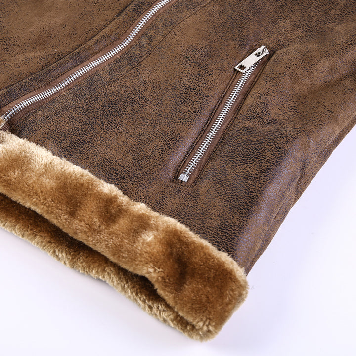 Herren Bikerjacke aus Lederimitat mit Teddyfell-Futter und asymmetrischem Reißverschluss Drune