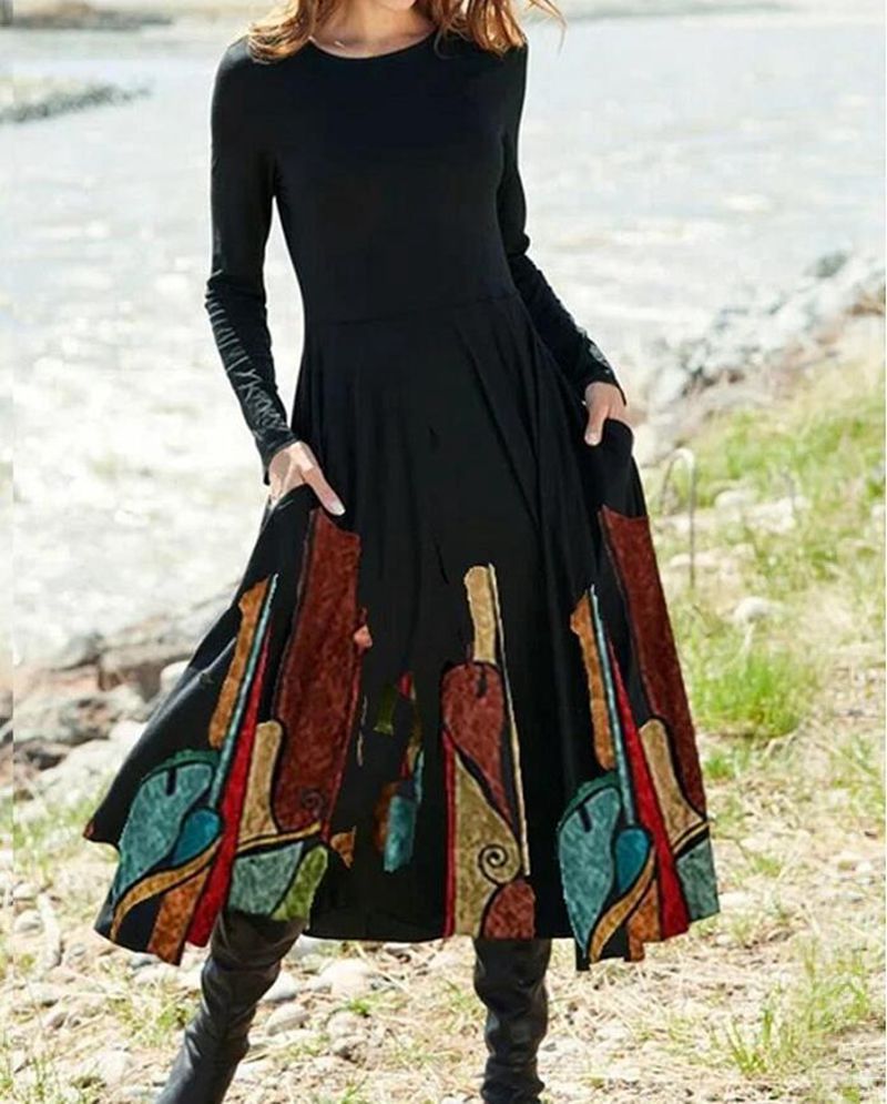 Damen nan A-Linien-Midikleid mit abstraktem Spritzmuster, Rundhalsausschnitt, langen Ärmeln und Eingrifftaschen Drune