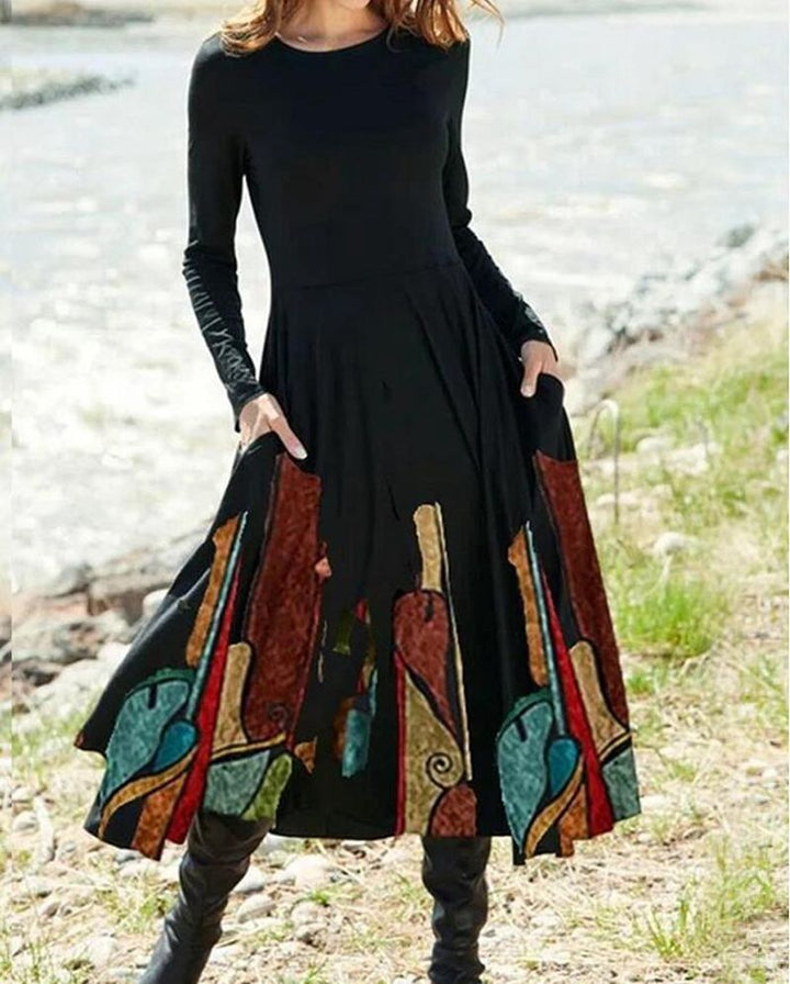 Damen nan A-Linien-Midikleid mit abstraktem Spritzmuster, Rundhalsausschnitt, langen Ärmeln und Eingrifftaschen Drune