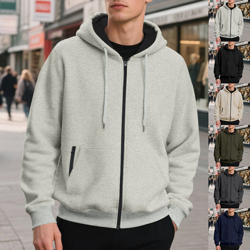 Herren nan oversized Zip-Hoodie mit durchgehendem Reißverschluss, Kängurutasche und gerippten Bündchen Drune