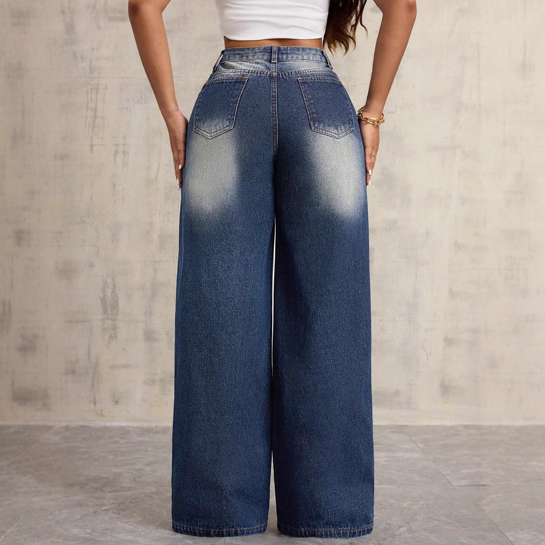 Damen weite Denim-Jeans mit floralen Stickereien Drune