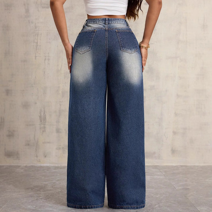 Damen weite Denim-Jeans mit floralen Stickereien Drune