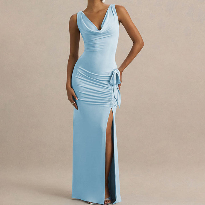 Damen Elegantes Maxikleid mit tiefem V-Ausschnitt und seitlicher Raffung Drune