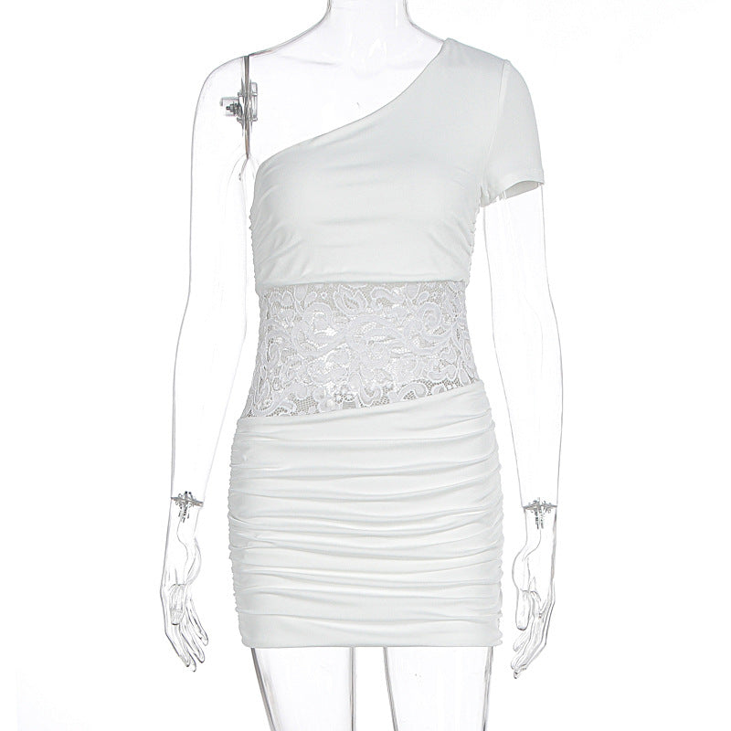 Damen Einseitig Träger Mini-Kleid mit Spitzenbund und Raffungen Drune