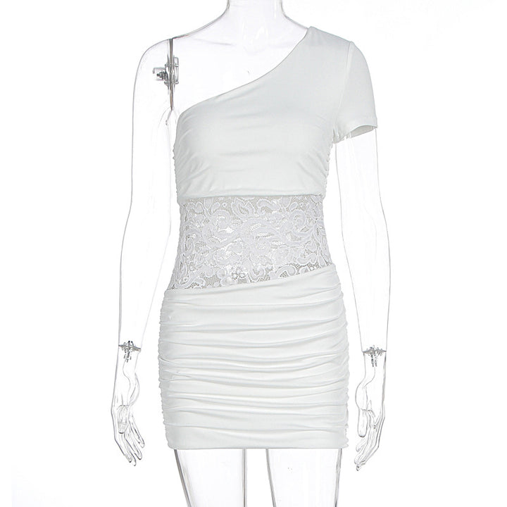 Damen Einseitig Träger Mini-Kleid mit Spitzenbund und Raffungen Drune