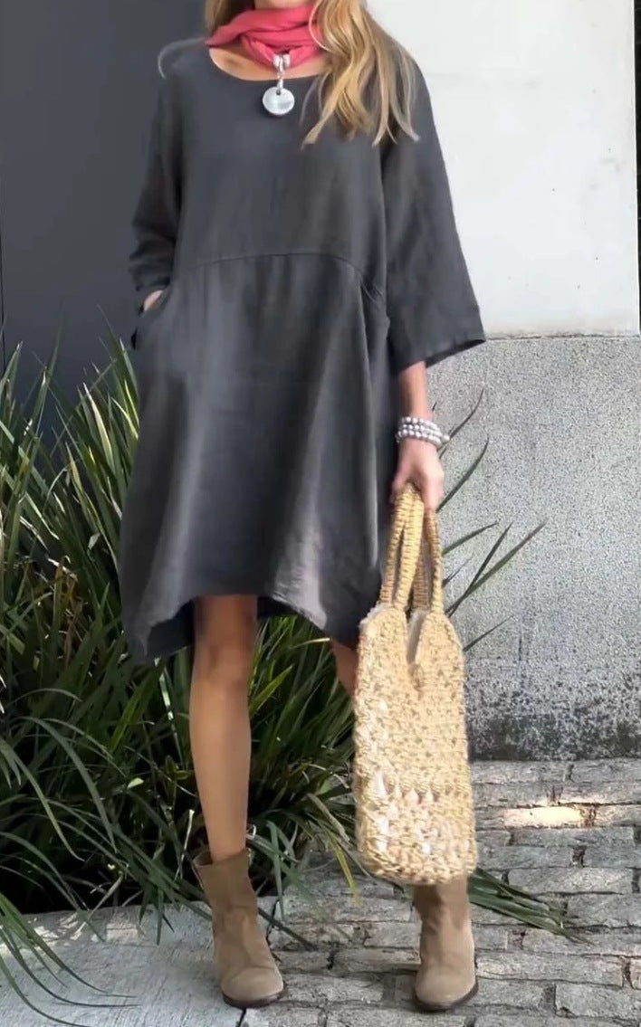 Damen lässiges Leinenkleid mit praktischen Taschen und asymmetrischem Saum Drune