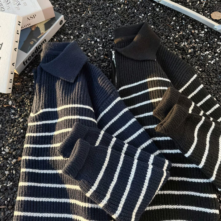 Unisex Grobgestrickter Oversize-Pullover mit halbem Reißverschluss und Polokragen Drune