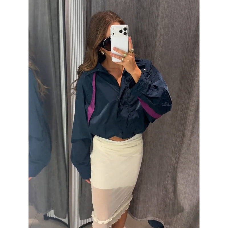 Damen Leichte Oversize Windjacke mit hohem Stehkragen und Kontraststreifen Drune