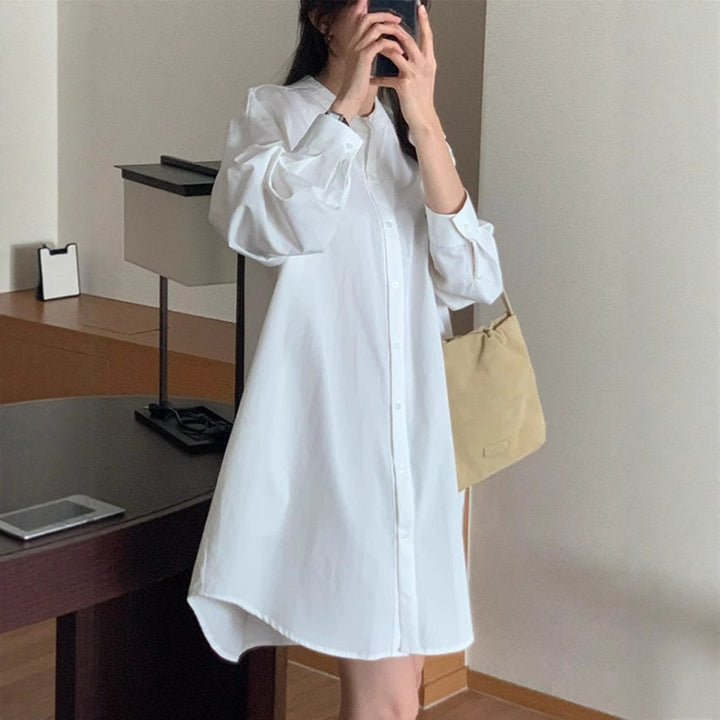 Damen Weites Baumwoll-Hemdblusenkleid mit Stehkragen, Oversize-Schnitt und gerundetem Saum Drune