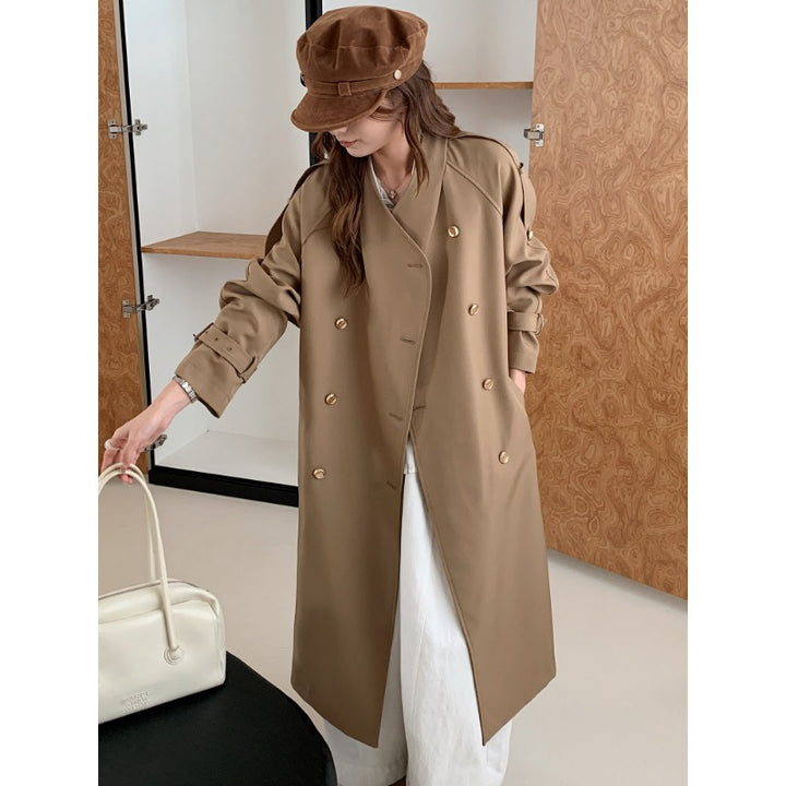 Damen Lang geschnittener Trenchcoat mit doppelreihiger Knopfleiste und verstellbaren Ärmelriegeln Drune