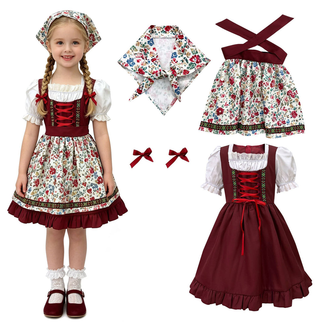 Damen nan traditionelles Kinderdirndl mit Schürze Haarband Spitzenbluse und Zierschnürung Drune