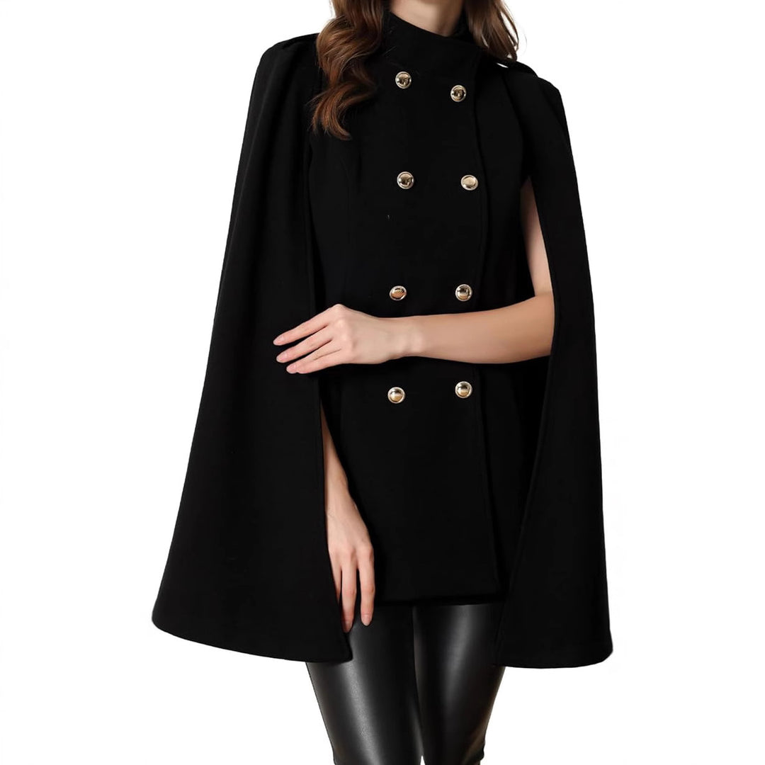 Damen Kurzcape-Mantel aus Wollmix mit Doppelreiher Schulterriegeln und Arm-Schlitzen Drune