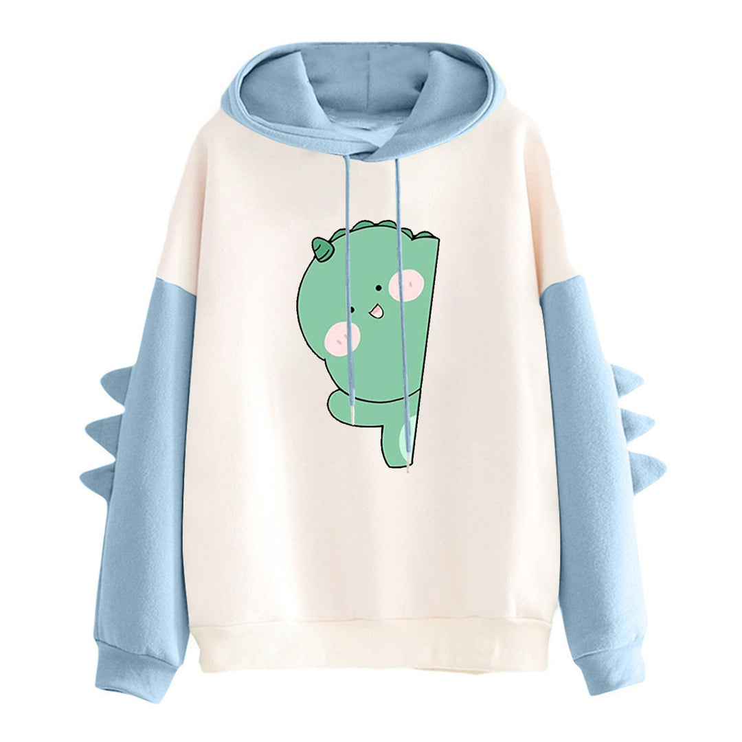 Damen nan weiter Kapuzenpullover mit dreidimensionalen Rückenstacheln und niedlichem Dino-Print Drune