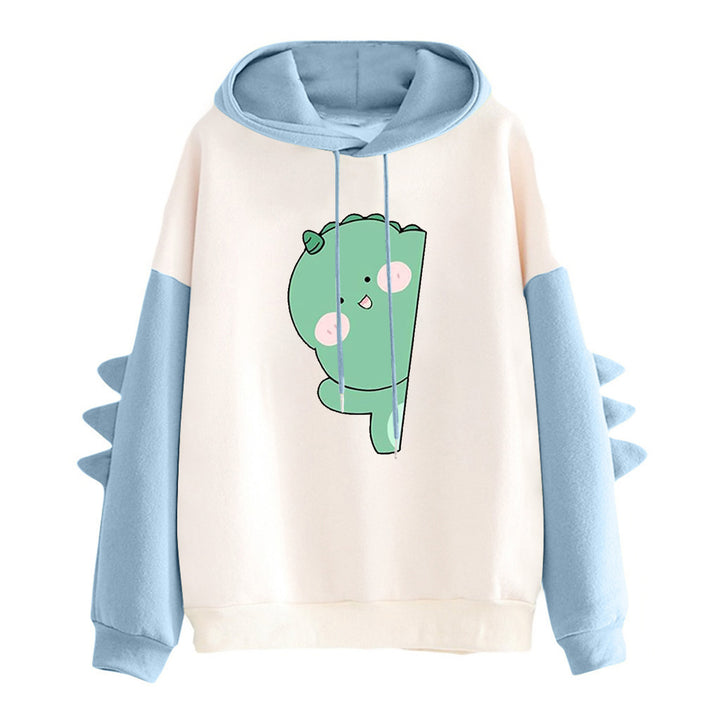 Damen nan weiter Kapuzenpullover mit dreidimensionalen Rückenstacheln und niedlichem Dino-Print Drune