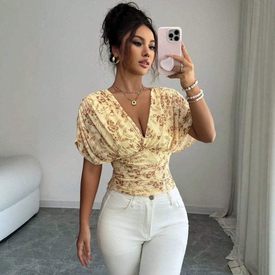 Damen Figurbetonte Wickelbluse mit tiefem V-Ausschnitt, geraffter Taille und Kimonoärmeln Drune