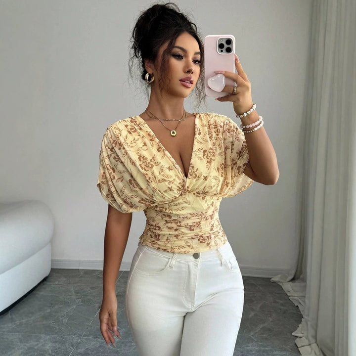 Damen Figurbetonte Wickelbluse mit tiefem V-Ausschnitt, geraffter Taille und Kimonoärmeln Drune