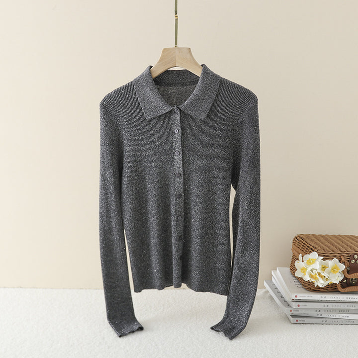 Damen Feinstrick-Cardigan mit Polokragen, Knopfleiste und dezentem Glitzereffekt Drune