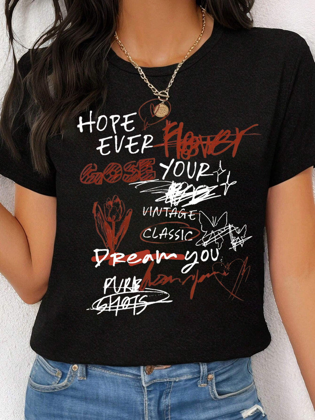 Damen lässiges Statement T-Shirt mit kreativem Print Drune