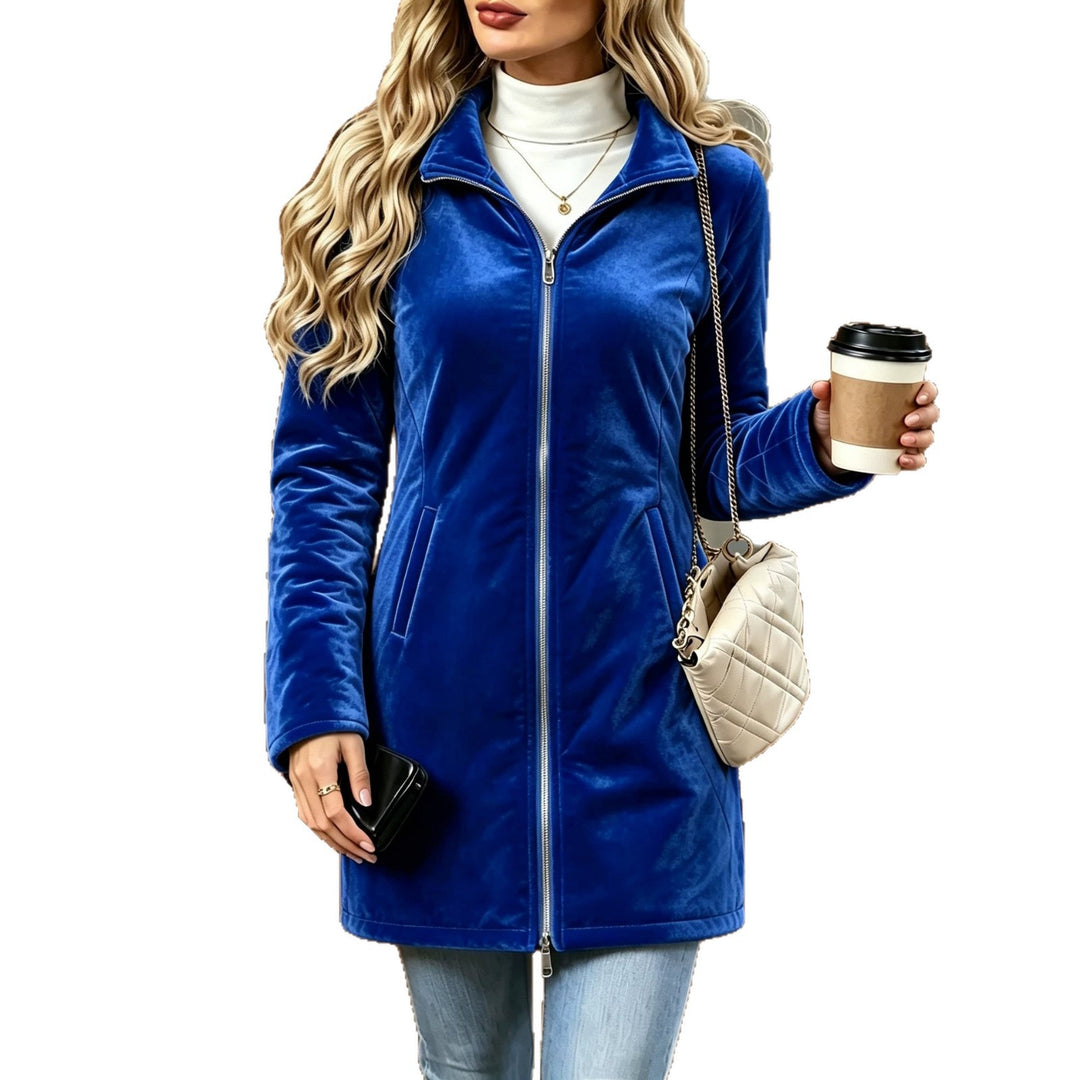 Damen Langer Veloursjacke mit Zwei-Wege-Reißverschluss und Stehkragen Drune