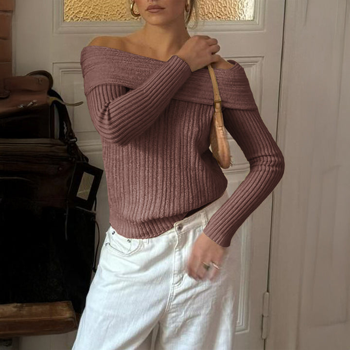 Damen nan Off-Shoulder Rippstrickpullover mit schmaler Silhouette und gerolltem Ausschnitt Drune
